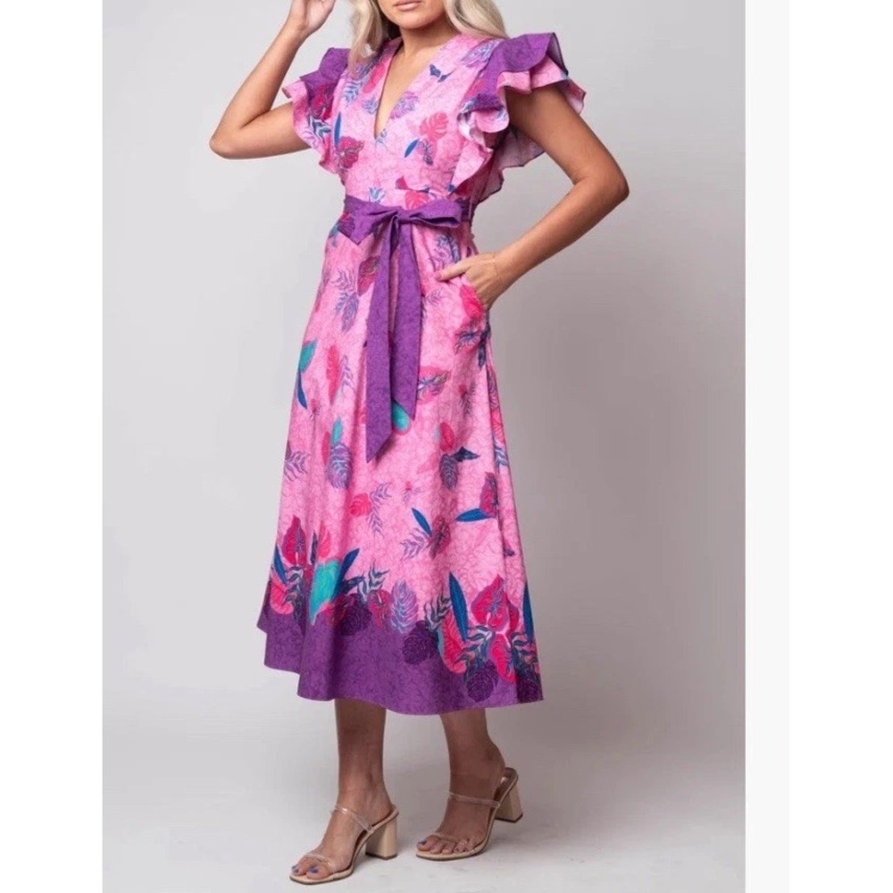 Celina Moon Women Sz S Meaghan Midi Dress Pink Short Ruffle Sleeve Cotton Poplin - Picture 2 of 16